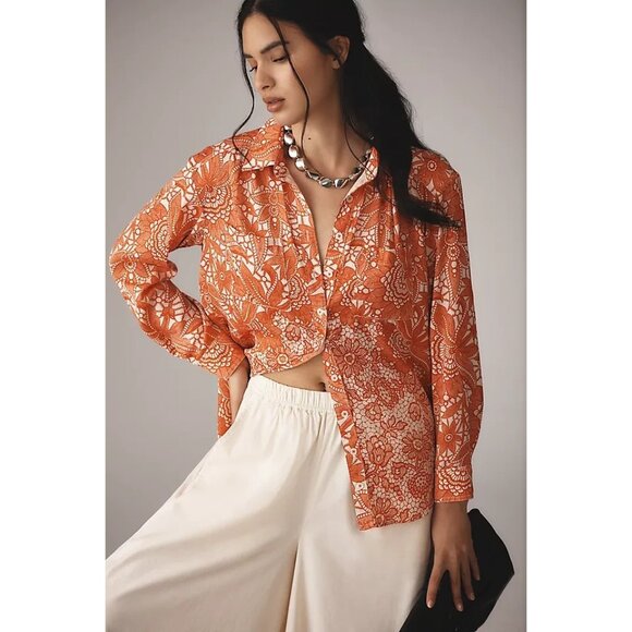 The Brielle Relaxed Buttondown Blouse Orange Lace Print L - Picture 1 of 4